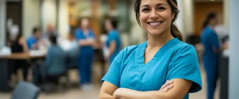 Estudiante de enfermería aprende en hospital. Titulación oficial, alta empleabilidad.